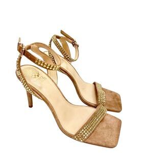 Vince Camuto Sandals Size 7.5 Tan Leather Saprenda Rhinestone Square Toe Ankle S